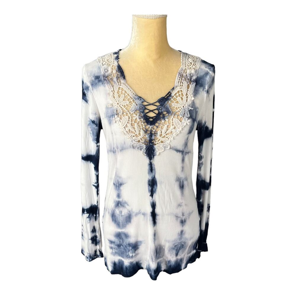 T Party Ribbed Tie Dye Ombre Long Sleeve Shirt Lace Detail Y2K 90s Size Large
